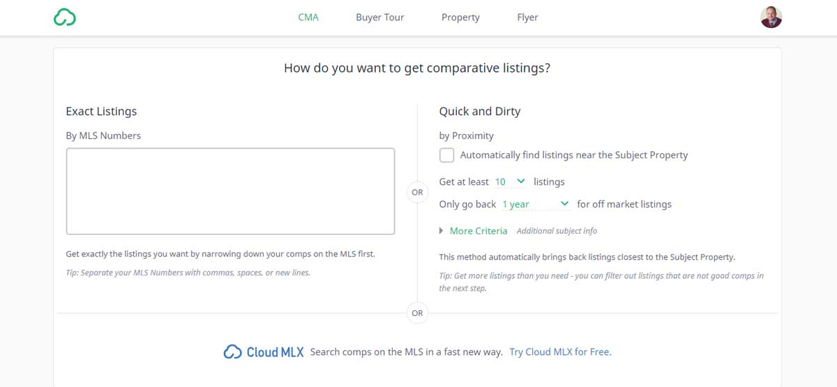 Cloud CMA selecting comps