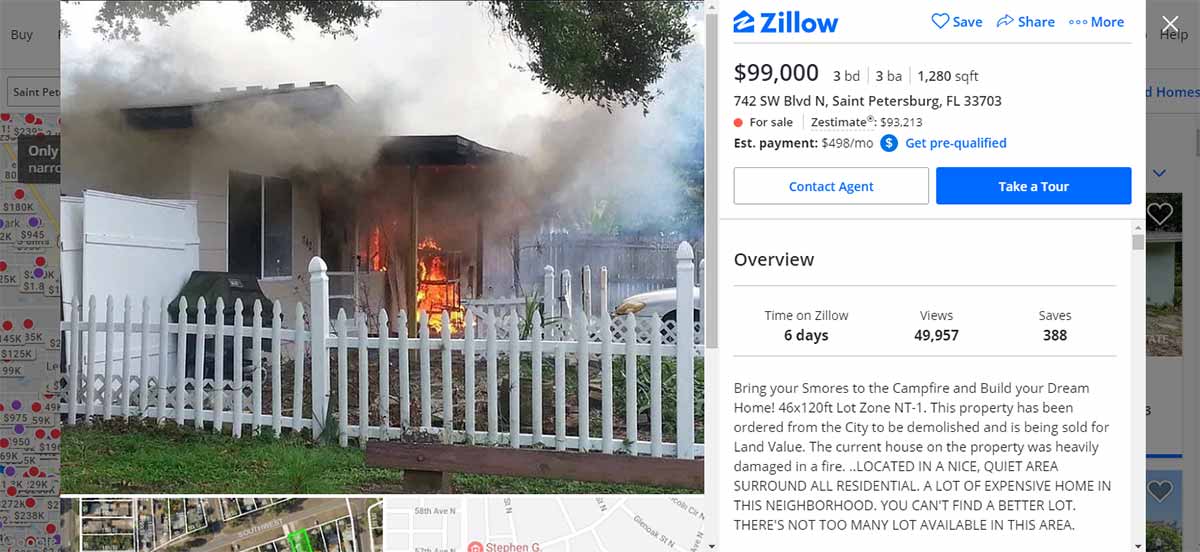 Zillow fire sale listing