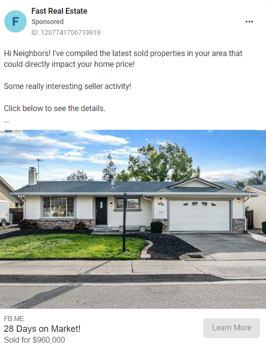 fast real estate facebook ad example 2023