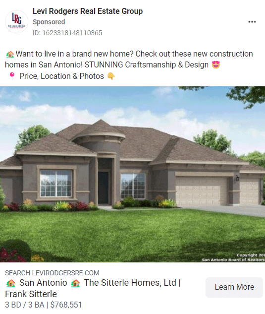 levi rodgers new construction home advertisement example on facebook 2023