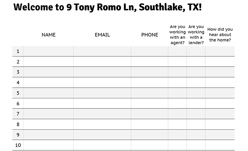 open house sign in sheet screenshot